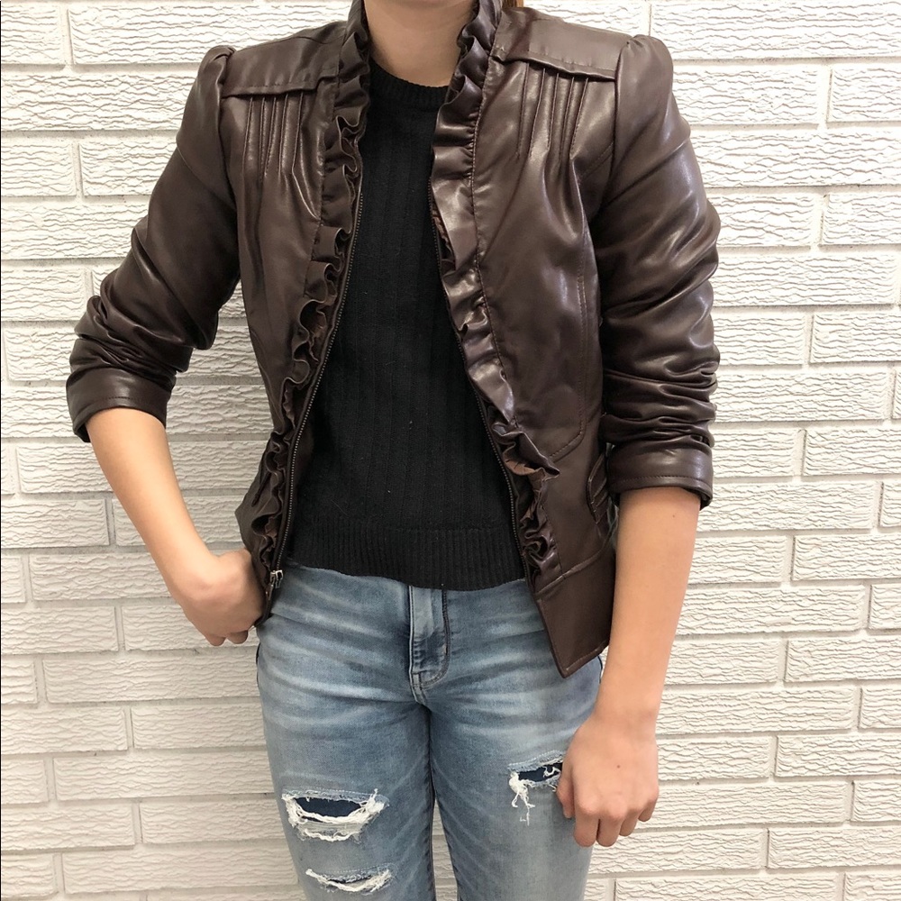 Vegan Leather Moto Jacket with Ruffle Details